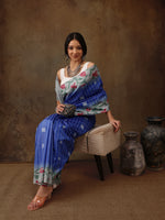 Thumbnail for Blue Silk Blend Digital Print Striped Saree with Unstitched Blouse - Hiral Fashion - Distacart
