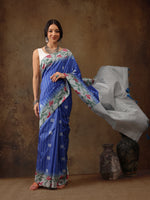 Thumbnail for Blue Silk Blend Digital Print Striped Saree with Unstitched Blouse - Hiral Fashion - Distacart