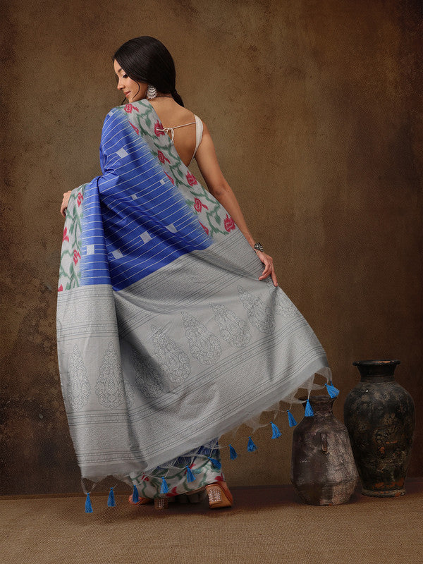 Blue Silk Blend Digital Print Striped Saree with Unstitched Blouse - Hiral Fashion - Distacart