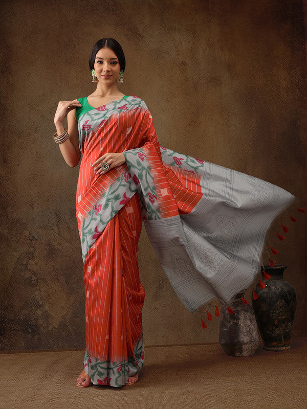 Orange Silk Blend Digital Print Striped Saree with Unstitched Blouse - Hiral Fashion - Distacart