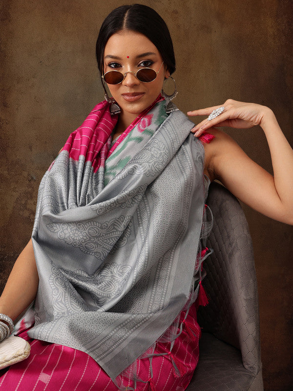 Pink Silk Blend Digital Print Striped Saree with Unstitched Blouse - Hiral Fashion - Distacart