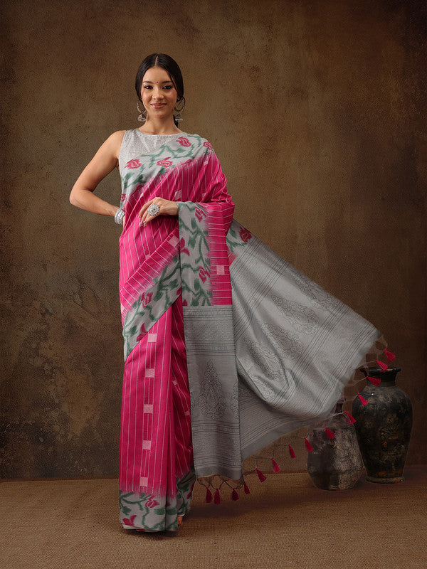 Pink Silk Blend Digital Print Striped Saree with Unstitched Blouse - Hiral Fashion - Distacart
