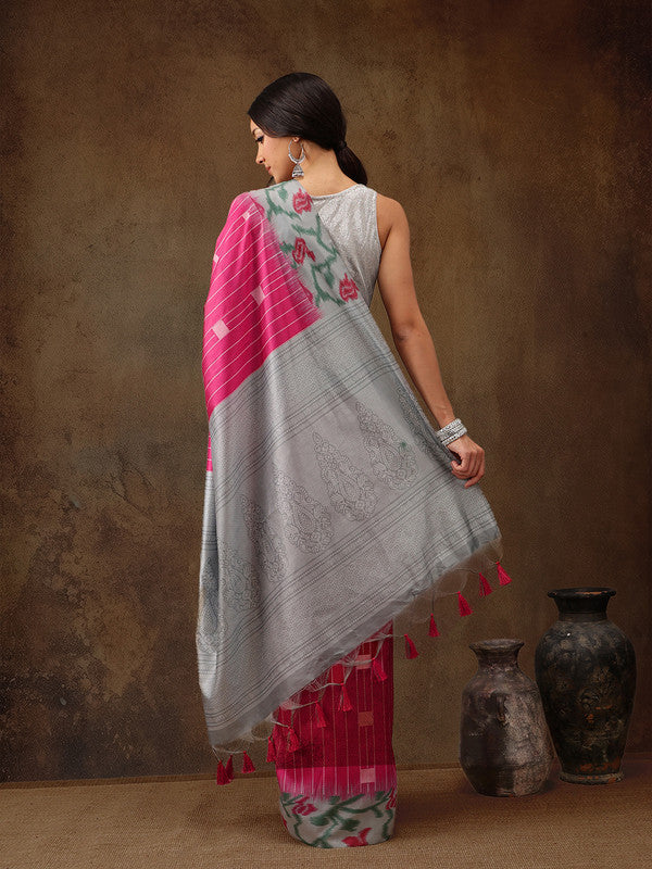 Pink Silk Blend Digital Print Striped Saree with Unstitched Blouse - Hiral Fashion - Distacart
