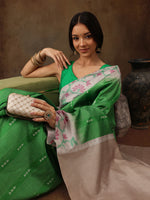 Thumbnail for Green Silk Blend Digital Print Striped Saree with Unstitched Blouse - Hiral Fashion - Distacart