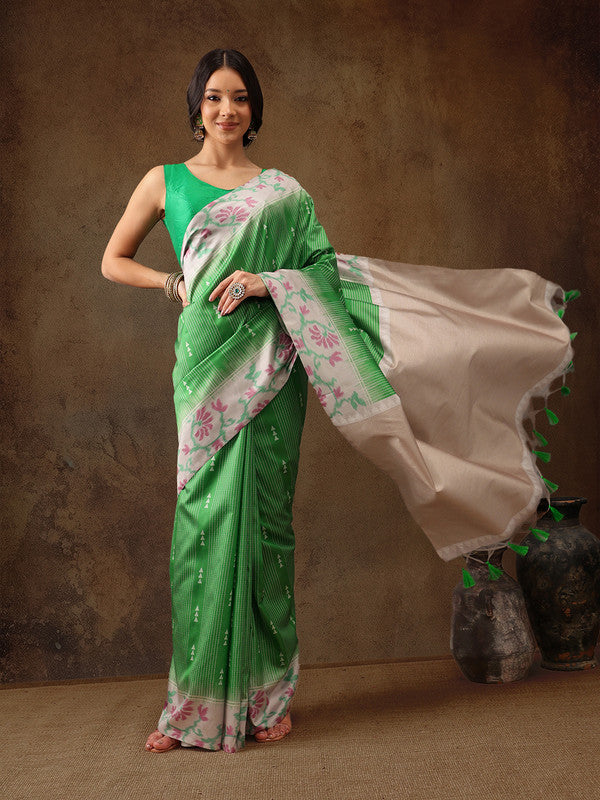 Green Silk Blend Digital Print Striped Saree with Unstitched Blouse - Hiral Fashion - Distacart