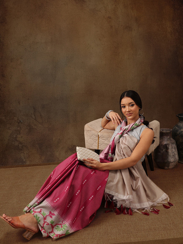 Maroon Silk Blend Digital Print Striped Saree with Unstitched Blouse - Hiral Fashion - Distacart