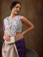 Thumbnail for Purple Silk Blend Digital Print Striped Saree with Unstitched Blouse - Hiral Fashion - Distacart