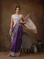 Thumbnail for Purple Silk Blend Digital Print Striped Saree with Unstitched Blouse - Hiral Fashion - Distacart