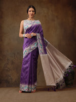 Thumbnail for Purple Silk Blend Digital Print Striped Saree with Unstitched Blouse - Hiral Fashion - Distacart