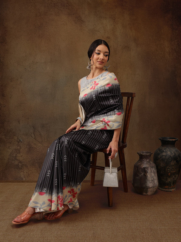 Black Silk Blend Digital Print Striped Saree with Unstitched Blouse - Hiral Fashion - Distacart