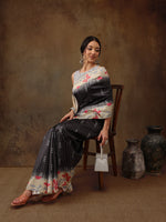 Thumbnail for Black Silk Blend Digital Print Striped Saree with Unstitched Blouse - Hiral Fashion - Distacart