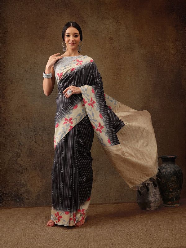 Black Silk Blend Digital Print Striped Saree with Unstitched Blouse - Hiral Fashion - Distacart