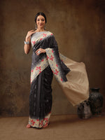 Thumbnail for Black Silk Blend Digital Print Striped Saree with Unstitched Blouse - Hiral Fashion - Distacart