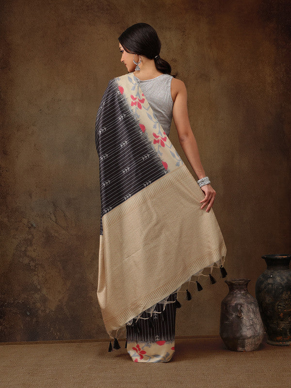 Black Silk Blend Digital Print Striped Saree with Unstitched Blouse - Hiral Fashion - Distacart