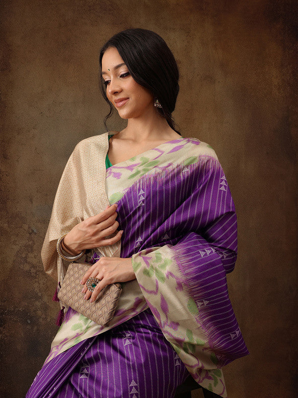 Purple Silk Blend Digital Print Striped Saree with Unstitched Blouse - Hiral Fashion - Distacart
