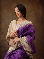 Thumbnail for Purple Silk Blend Digital Print Striped Saree with Unstitched Blouse - Hiral Fashion - Distacart