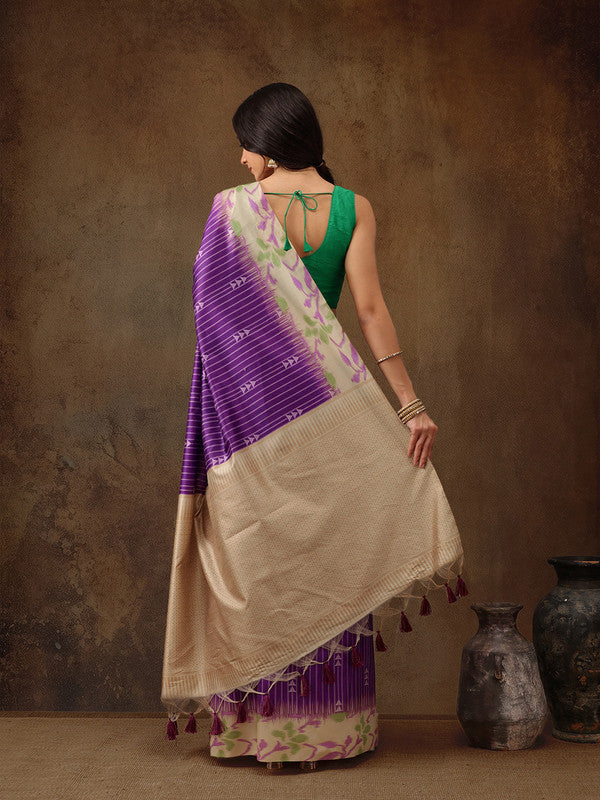 Purple Silk Blend Digital Print Striped Saree with Unstitched Blouse - Hiral Fashion - Distacart
