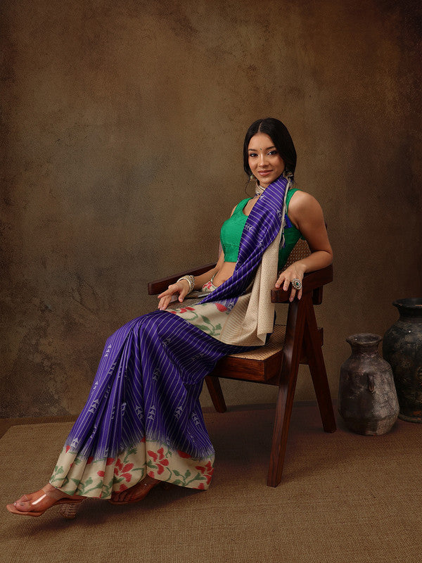 Royal Blue Silk Blend Digital Print Striped Saree with Unstitched Blouse - Hiral Fashion - Distacart