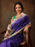 Thumbnail for Royal Blue Silk Blend Digital Print Striped Saree with Unstitched Blouse - Hiral Fashion - Distacart