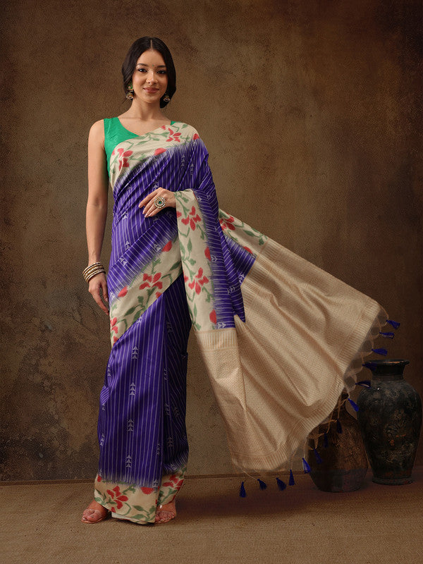 Royal Blue Silk Blend Digital Print Striped Saree with Unstitched Blouse - Hiral Fashion - Distacart