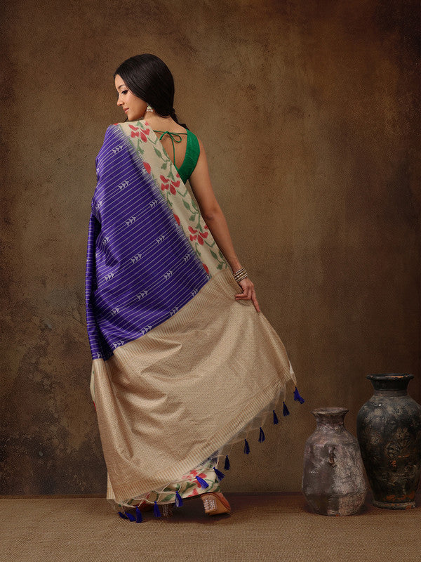 Royal Blue Silk Blend Digital Print Striped Saree with Unstitched Blouse - Hiral Fashion - Distacart