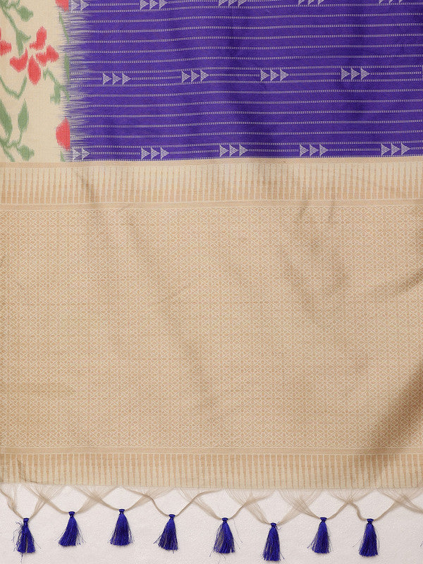 Royal Blue Silk Blend Digital Print Striped Saree with Unstitched Blouse - Hiral Fashion - Distacart