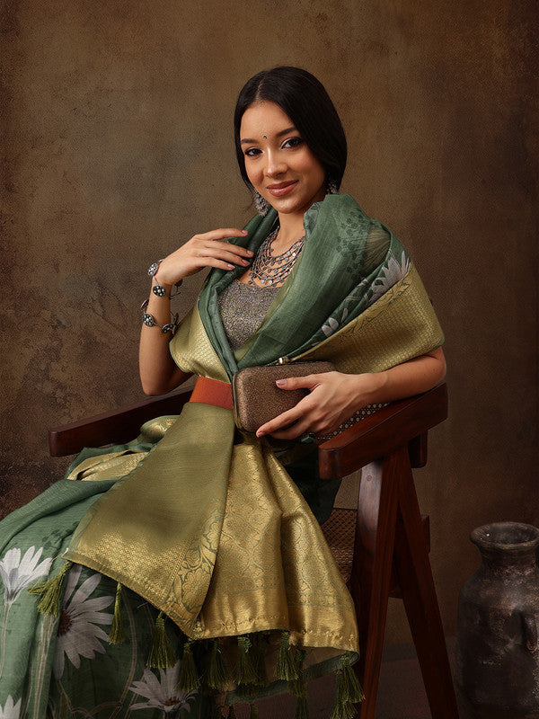 Green Munga Silk Digital Print Floral Saree with Unstitched Blouse - Hiral Fashion - Distacart