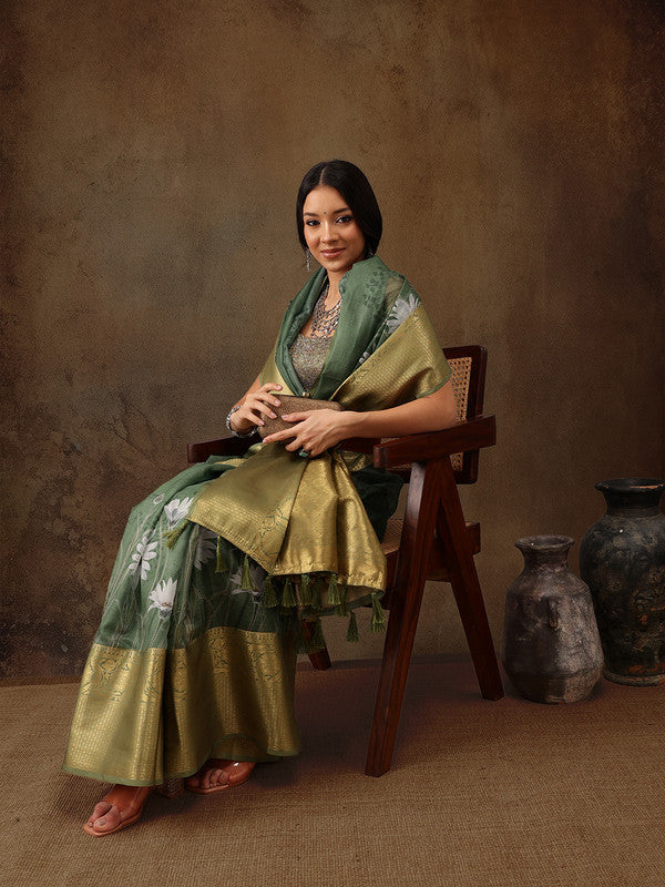 Green Munga Silk Digital Print Floral Saree with Unstitched Blouse - Hiral Fashion - Distacart