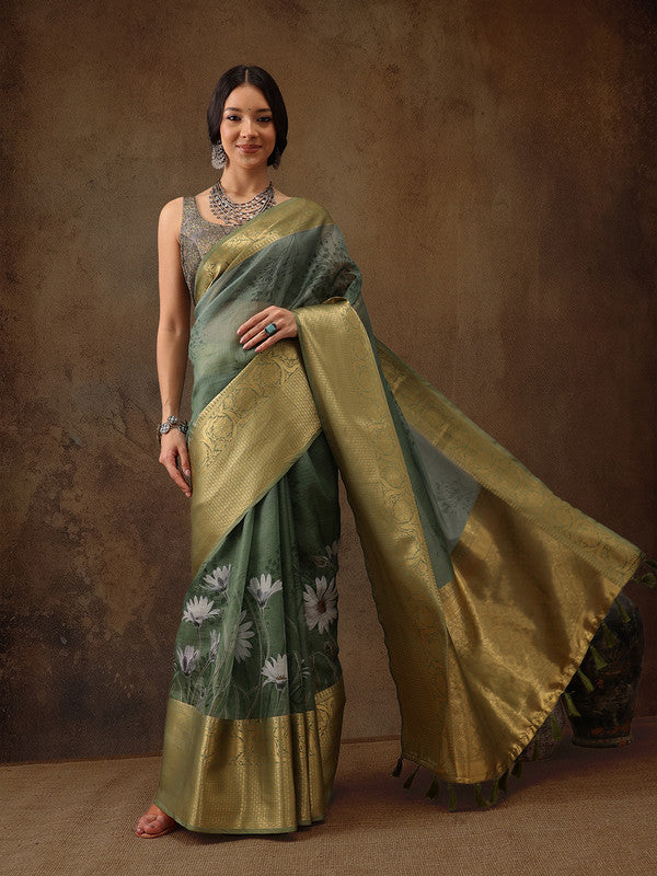 Green Munga Silk Digital Print Floral Saree with Unstitched Blouse - Hiral Fashion - Distacart