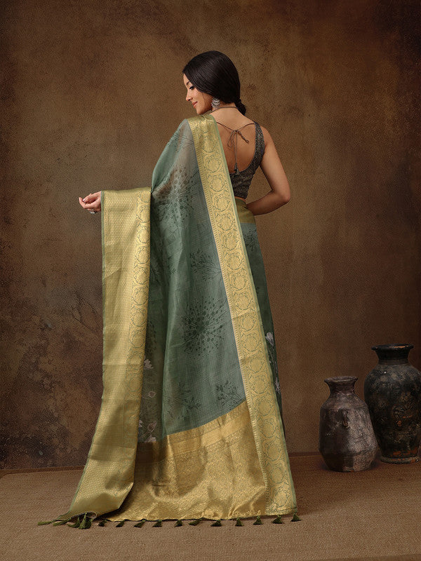 Green Munga Silk Digital Print Floral Saree with Unstitched Blouse - Hiral Fashion - Distacart