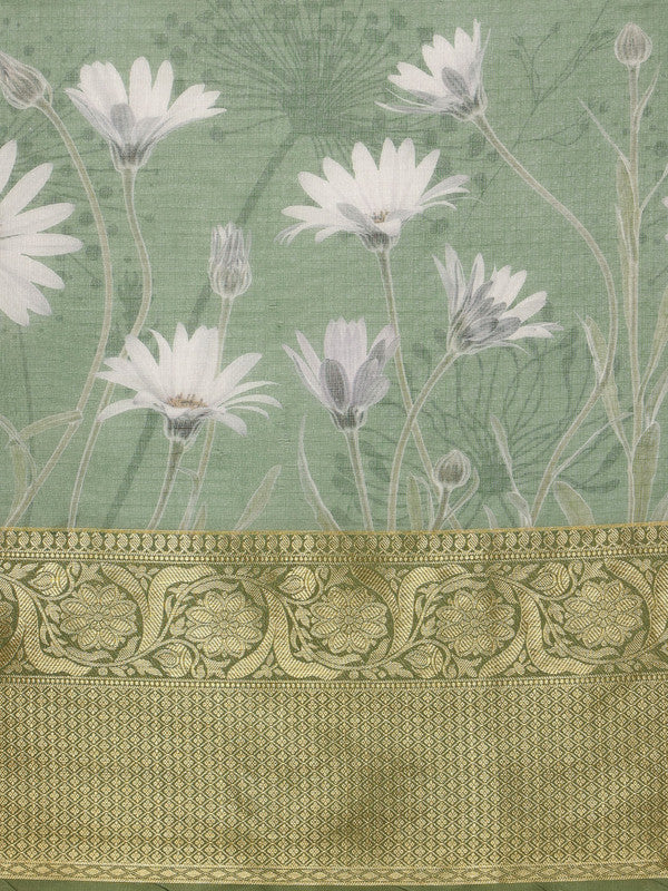 Green Munga Silk Digital Print Floral Saree with Unstitched Blouse - Hiral Fashion - Distacart