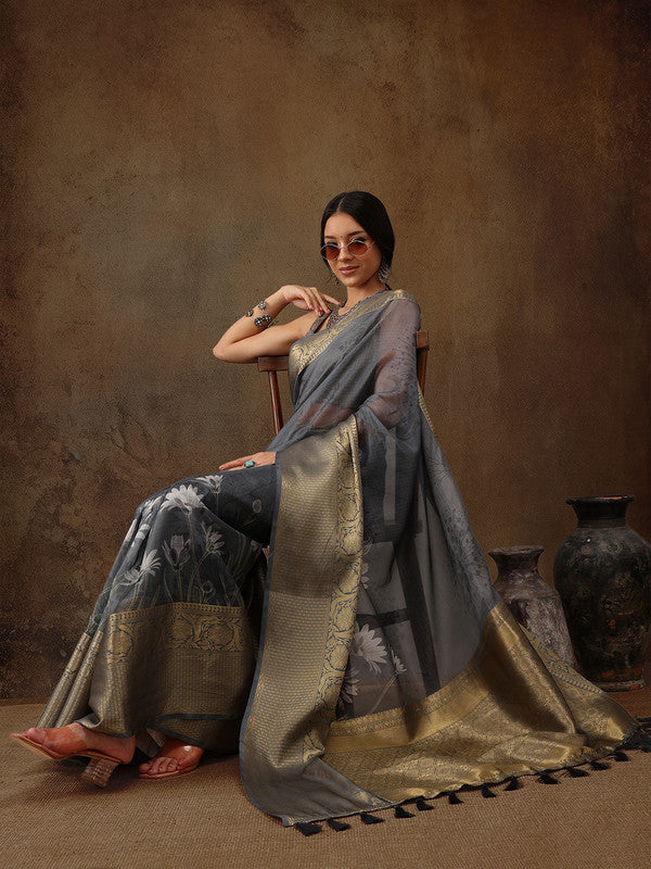 Gray Munga Silk Digital Print Floral Saree with Unstitched Blouse - Hiral Fashion - Distacart