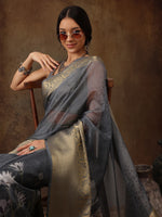 Thumbnail for Gray Munga Silk Digital Print Floral Saree with Unstitched Blouse - Hiral Fashion - Distacart