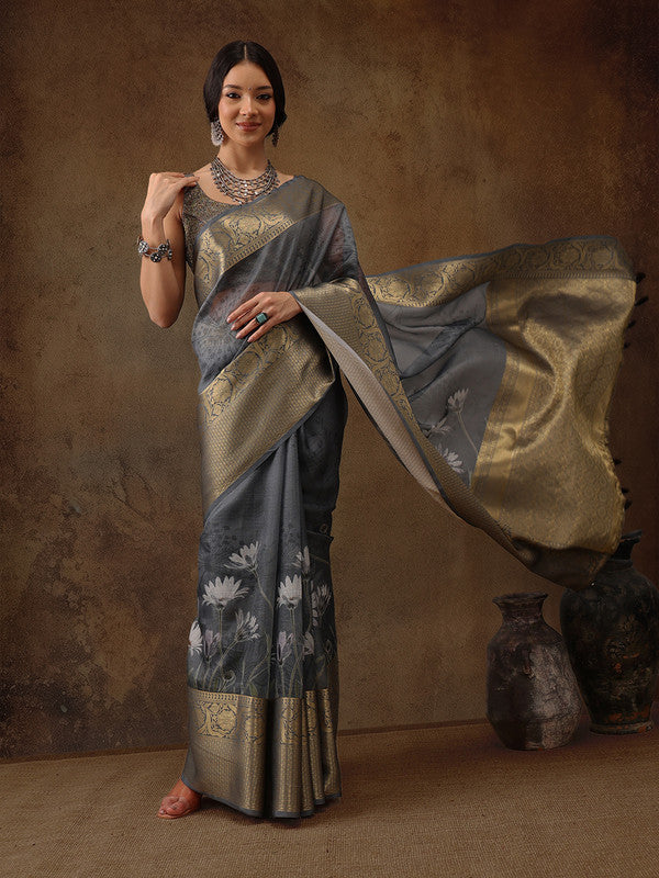 Gray Munga Silk Digital Print Floral Saree with Unstitched Blouse - Hiral Fashion - Distacart