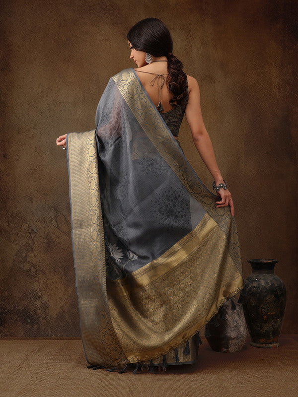 Gray Munga Silk Digital Print Floral Saree with Unstitched Blouse - Hiral Fashion - Distacart