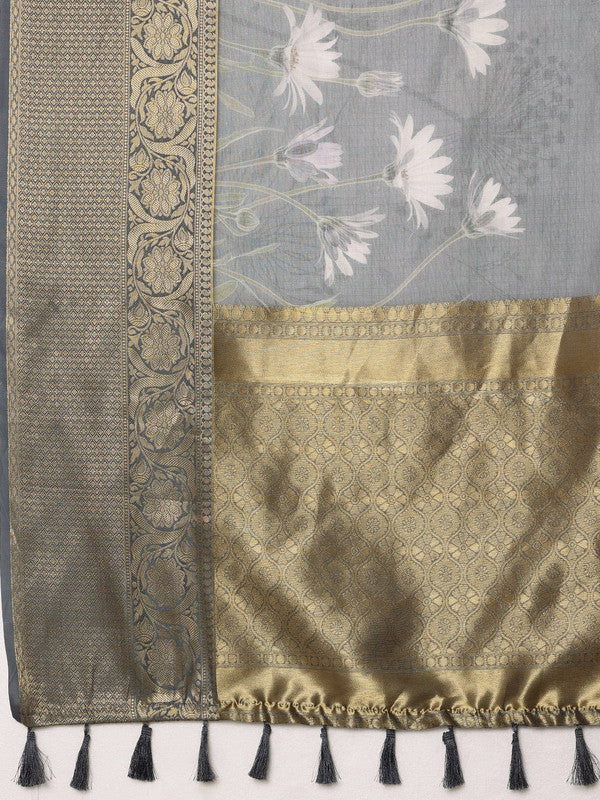 Gray Munga Silk Digital Print Floral Saree with Unstitched Blouse - Hiral Fashion - Distacart