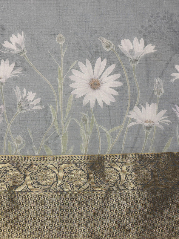Gray Munga Silk Digital Print Floral Saree with Unstitched Blouse - Hiral Fashion - Distacart