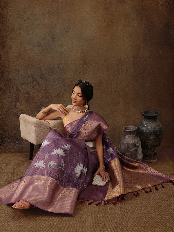 Lavender Munga Silk Digital Print Floral Saree with Unstitched Blouse - Hiral Fashion - Distacart
