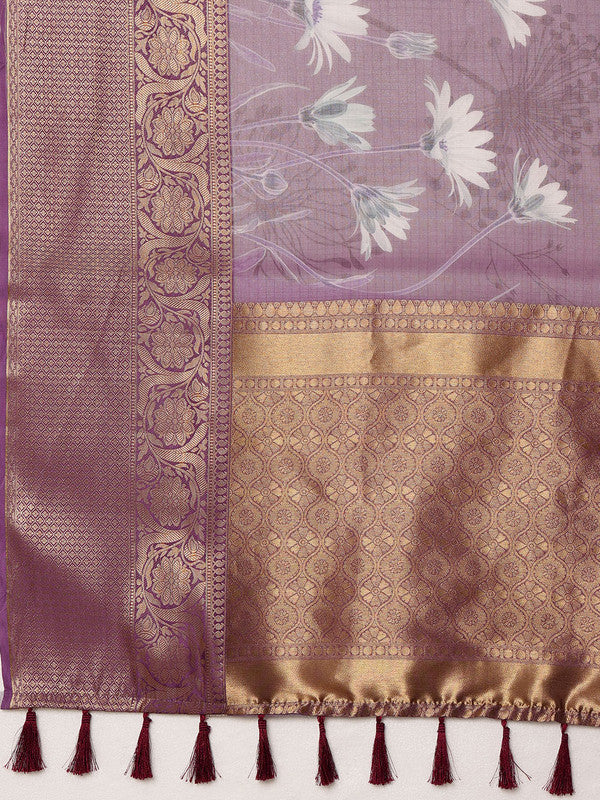 Lavender Munga Silk Digital Print Floral Saree with Unstitched Blouse - Hiral Fashion - Distacart