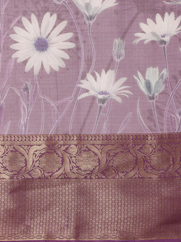 Lavender Munga Silk Digital Print Floral Saree with Unstitched Blouse - Hiral Fashion - Distacart