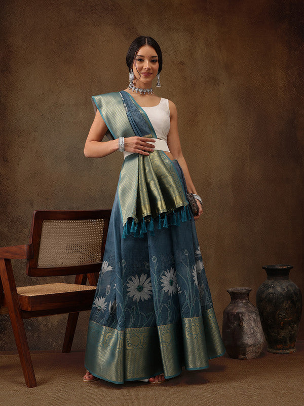 Turquoise Munga Silk Digital Print Floral Saree with Unstitched Blouse - Hiral Fashion - Distacart