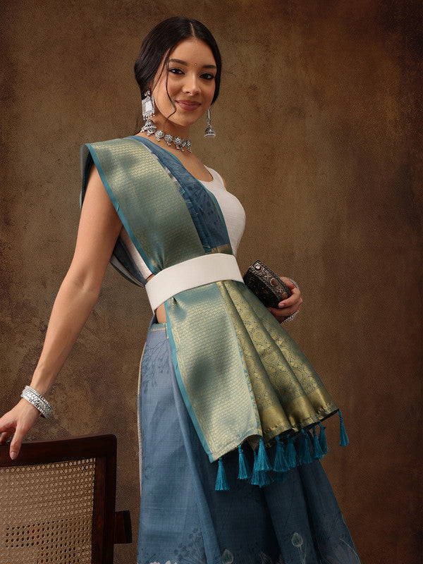 Turquoise Munga Silk Digital Print Floral Saree with Unstitched Blouse - Hiral Fashion - Distacart