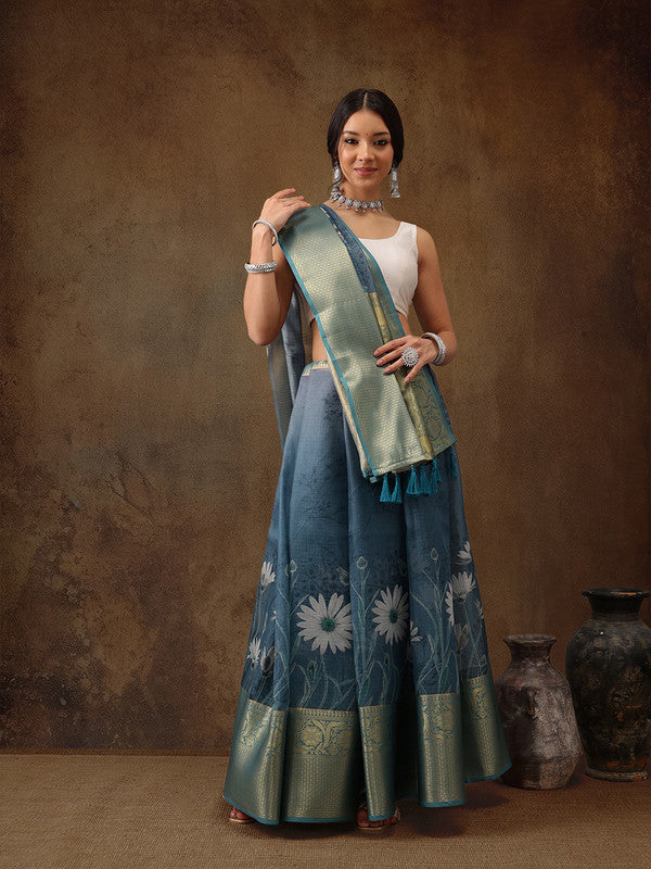 Turquoise Munga Silk Digital Print Floral Saree with Unstitched Blouse - Hiral Fashion - Distacart