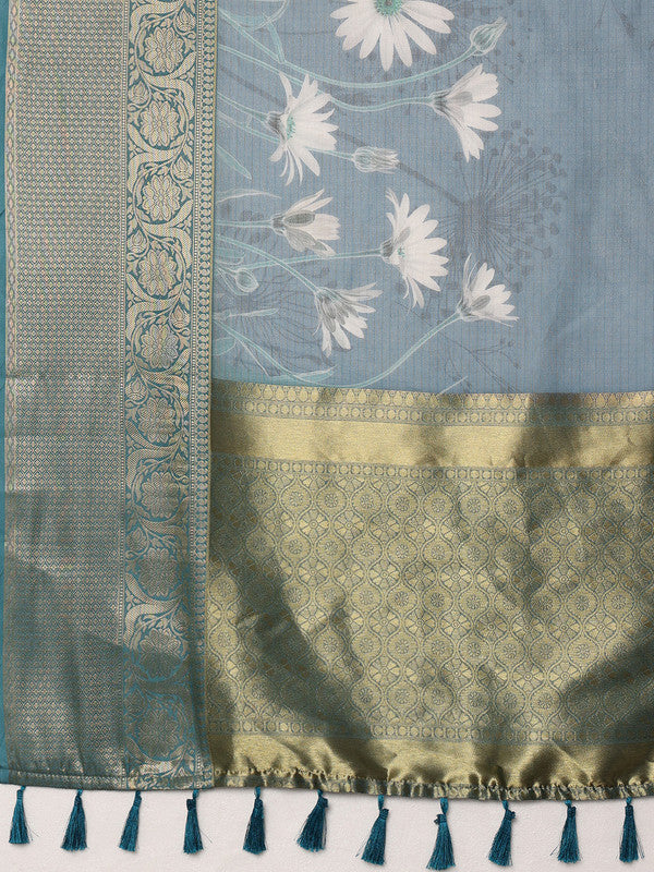 Turquoise Munga Silk Digital Print Floral Saree with Unstitched Blouse - Hiral Fashion - Distacart