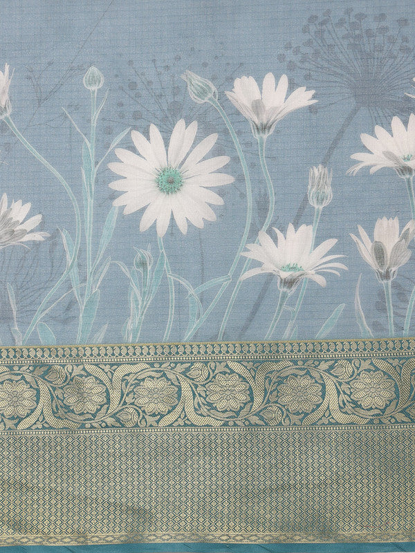 Turquoise Munga Silk Digital Print Floral Saree with Unstitched Blouse - Hiral Fashion - Distacart