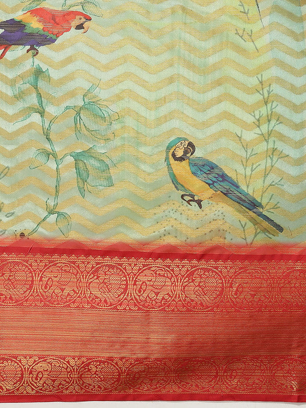 Green Art Silk Printed Abstract Saree with Unstitched Blouse - Hiral Fashion - Distacart