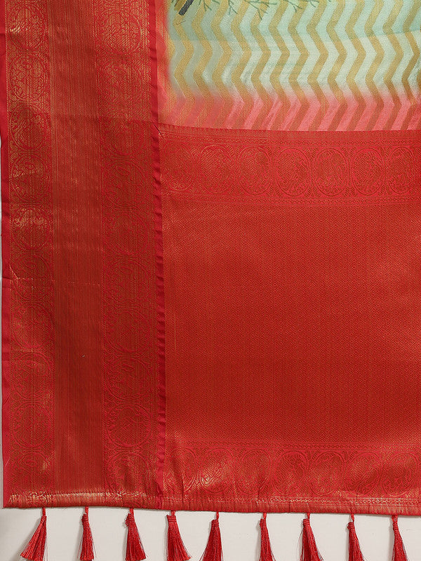 Green Art Silk Printed Abstract Saree with Unstitched Blouse - Hiral Fashion - Distacart