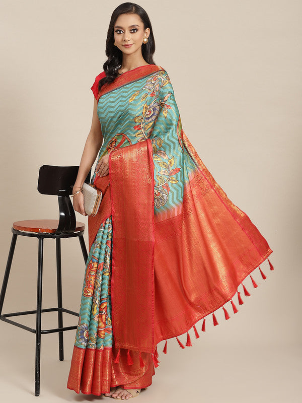 Turquoise Art Silk Printed Abstract Saree with Unstitched Blouse - Hiral Fashion - Distacart