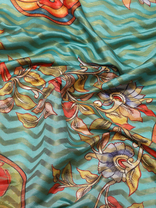 Turquoise Art Silk Printed Abstract Saree with Unstitched Blouse - Hiral Fashion - Distacart