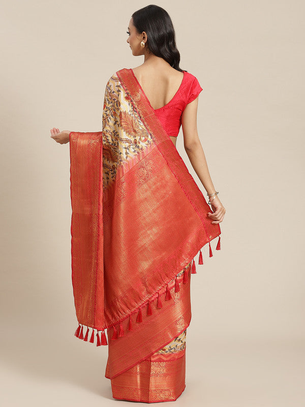 White Art Silk Printed Abstract Saree with Unstitched Blouse - Hiral Fashion - Distacart